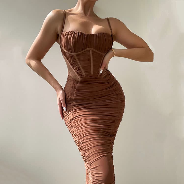 Summer New Launch Elegant Dress Sexy Bodycon Spaghetti Strap Dress Sleeveless Backless Pleated Long Dress
