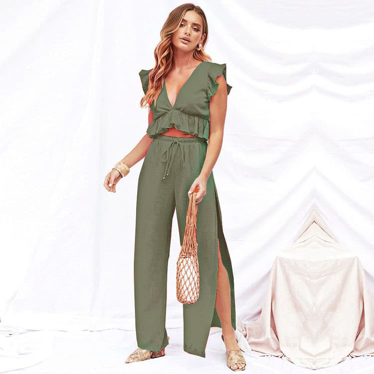 New Clothes Launch Womens Two PIece Sets Deep V Neck Short Ruffled Sleeve Crop Top Slit Pant Elegant Matching Clothes