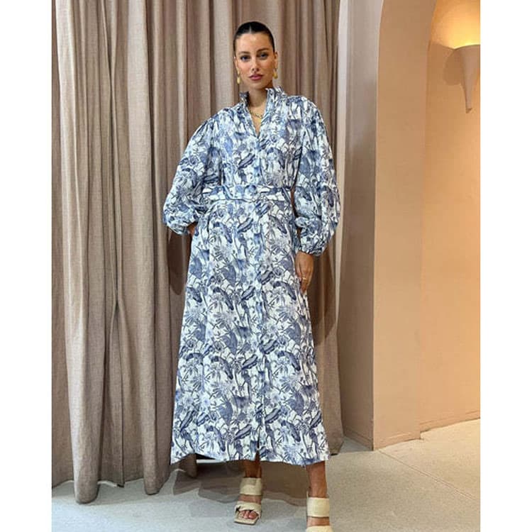 2023 New Arrives Shirt Printed Dress Temperament Vintage Long Lantern Sleeve Dress Stand Collar Belt Casual Dress