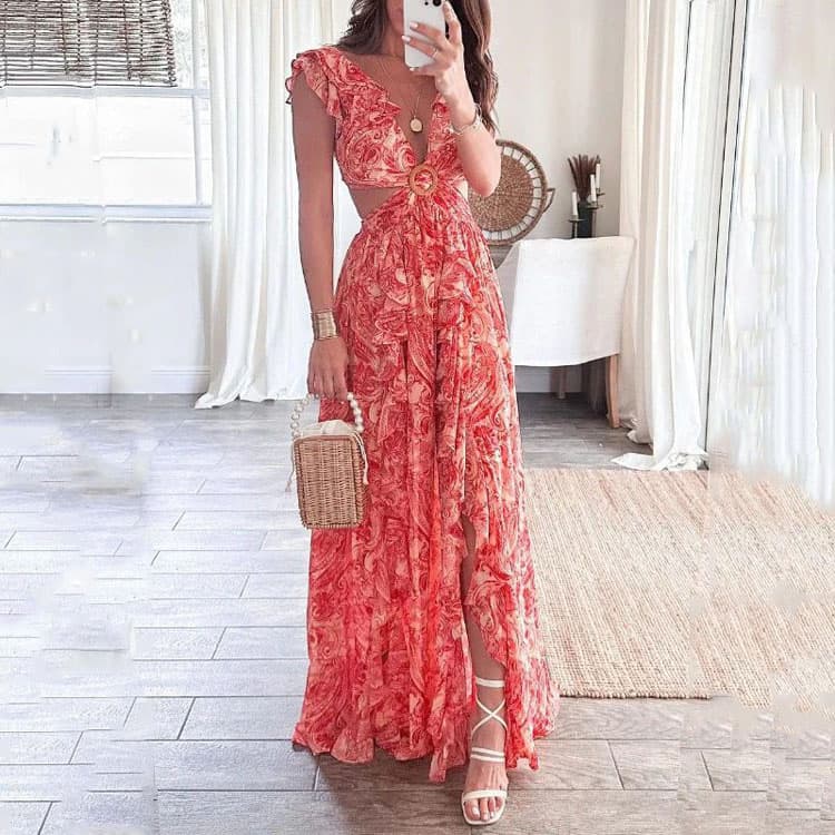 Wholesale 2023 Summer New Dress Deep V Neck Floral Printed Dress Sexy Hollow Out Ruffled Long Dress