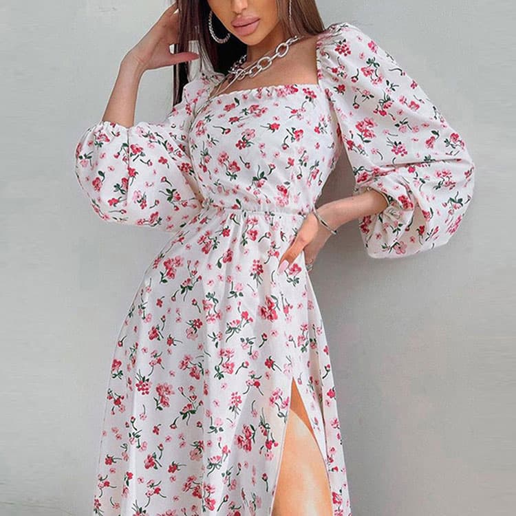 2023 Temperament Casual Floral Printed Dress Plus Size Band Cross Backless Dress Elegant Lantern Sleeve Slit Dress