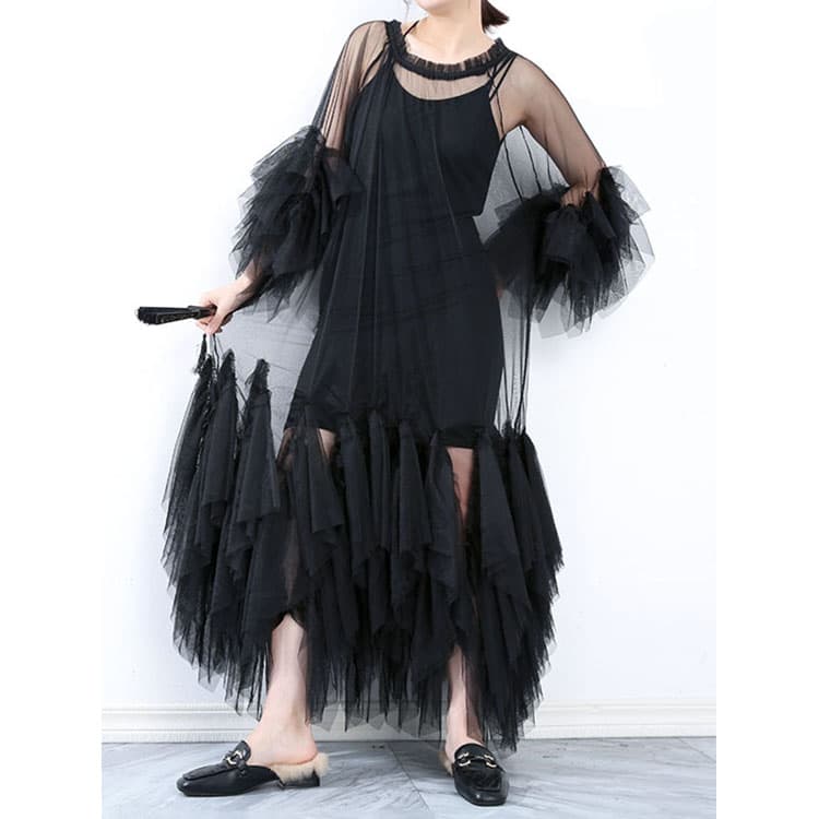 Fashion 2023 Summer Ladies Casual Dress Elegant Multi Layer Hem Long Pleated Mesh Dress Sexy Dress for Women