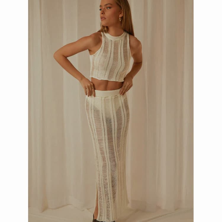 Elegant Two Piece Outfit Beach Sexy Lace Perspective Sleeveless Long Straight Dress for Women