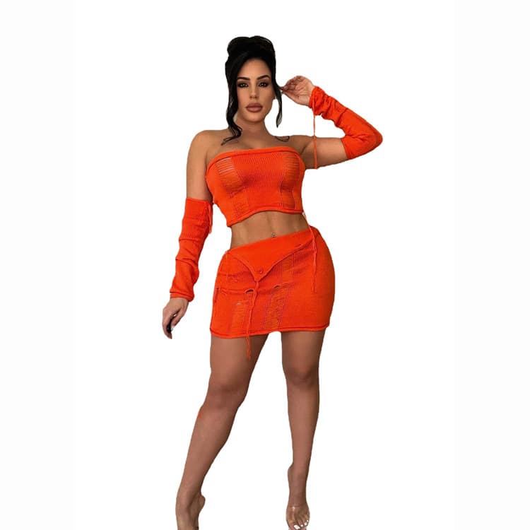 2024 Women 2 Piece Vacation Sexy Bare Navel Perspective High Waist Tassel Irregular Skirt Suit