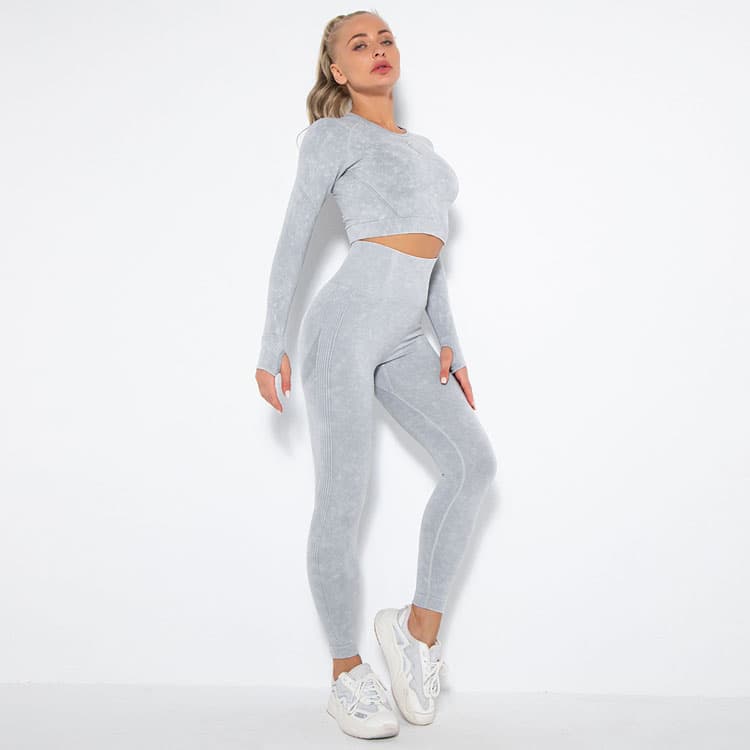 High Quality Washed Color Seamless Long Sleeve Yoga Set Naked Feel 2 Piece Yoga Set Lover Beauty Tracksuit for Women Yoga Set