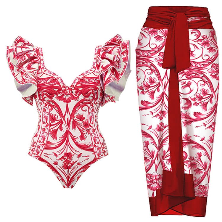 Women One Piece Swimwear Plus Size Floral Printed One Piece Swimsuit Bikini Conservative Swimsuit Bikini Skirt Set Two Piece Set