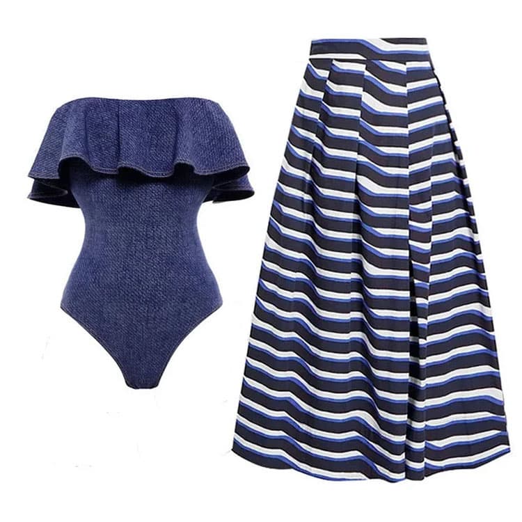 Fashion Womans Sexy One Piece Swimsuit Vintage Denim Bikini With Striped Long Skirt off Shoulder Ruffled Neck Bodycon Bikini