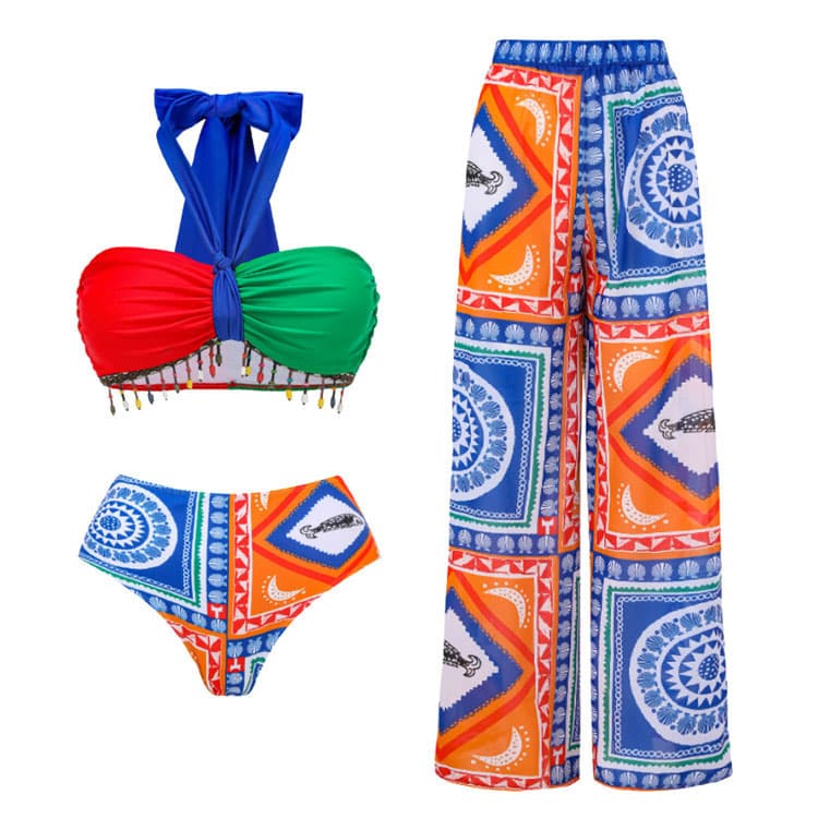 Women Swimsuit Cover up Pants Tie Bikini Print 3 Piece Swimsuit Pants Set High Waist 3 Piece Bikini Set Sexy Bathing Suit