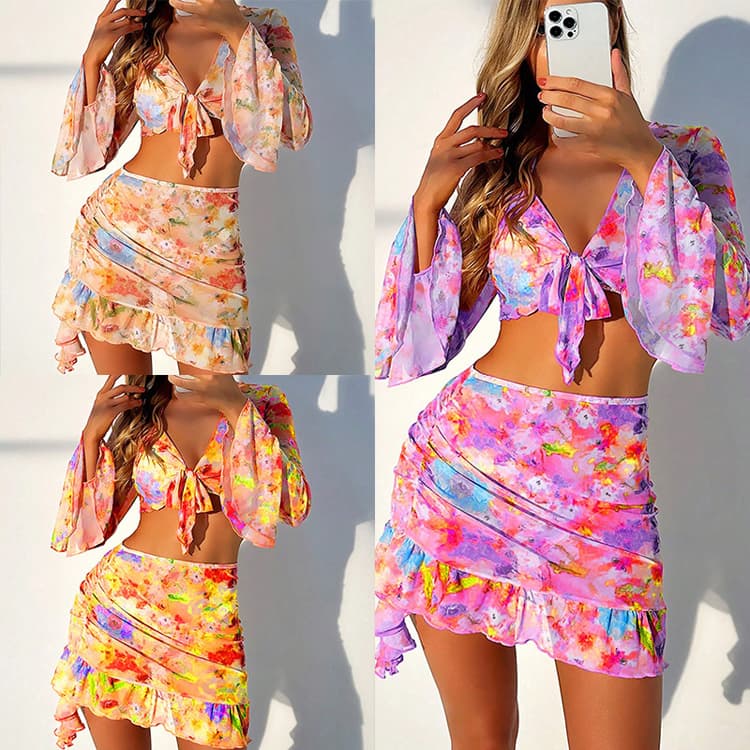 2024 Triangle Swimwear Bikini Floral Bikini 4 Piece Tie Bikini Set Sexy Bathing Suit Custom Swimwear