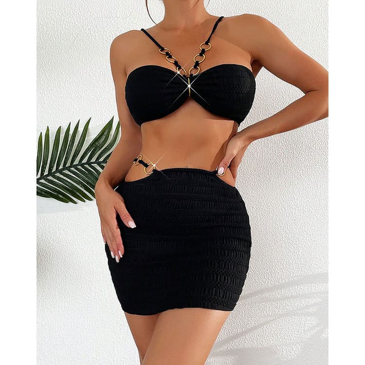 Bikini With Skirt Black 3 Piece Set Beachwear Sexy Woman Swimwear Bikini Set Metal Hoop Textured Bikini
