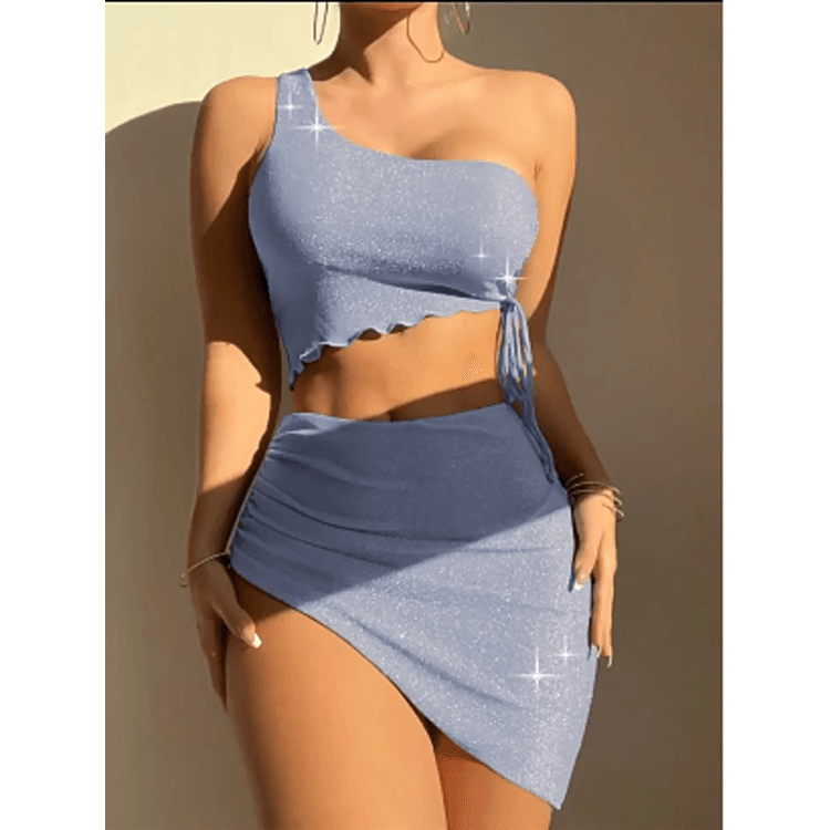 One Shoulder Blue Bikini 3 Piece Set Ruffle String Sparkle Bikini With Irregular Skirt Wholesale Brazilian Bikinis