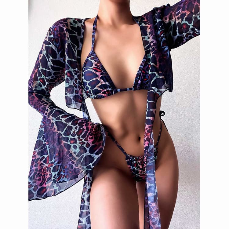 Custom 2024 New Style Leopard Print Sexy Women Three Piece Set Cover up Swimsuit Bathing Bikini
