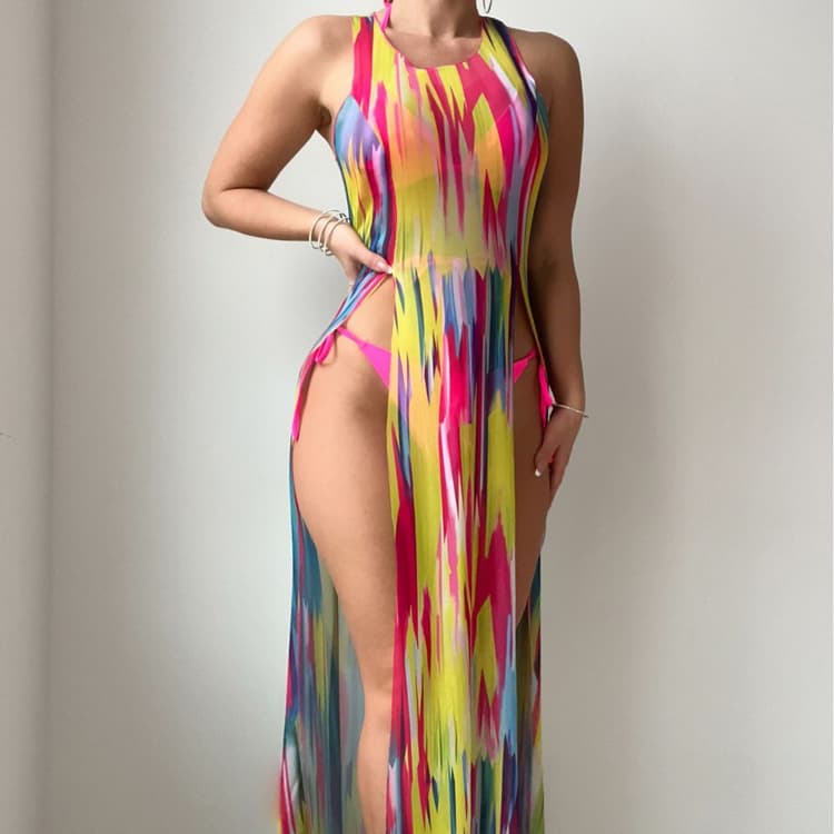 New Colorful Long Dress 3 Piece Swimsuit Sexy Mesh Thong Bikinis Luxury Swimwear Women Bathing Suits