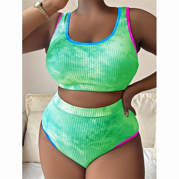2024 Tie Dyed Print Halter Neck Sporty BIKINI Wide Band Fabric Knitted Plus Size Bikini 4XL Swimsuit