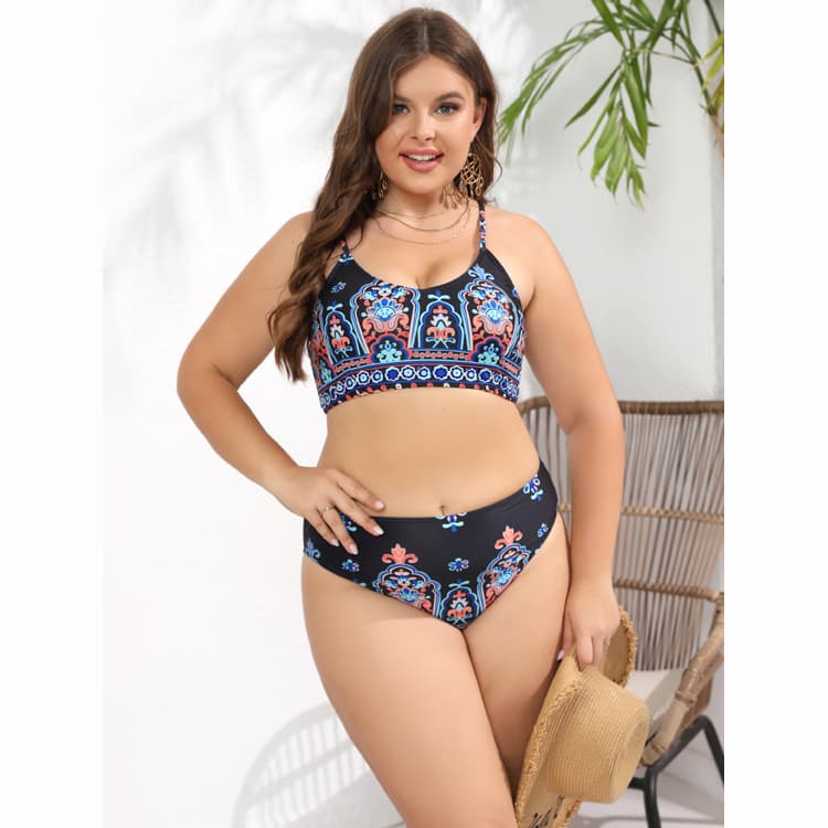 2024 New Arrival Retro Ethnic Style High Waist Floral Print Sexy Two Pieces Plus Size Bikini