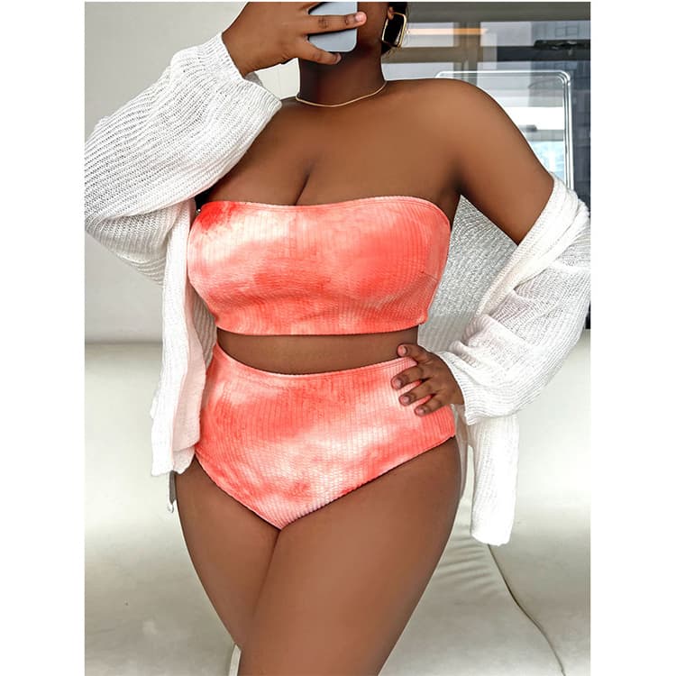 2024 Tie Dyed Print off Shoulder Sporty BIKINI Wide Band Fabric Knitted Plus Size Bikini 4XL Swimsuit
