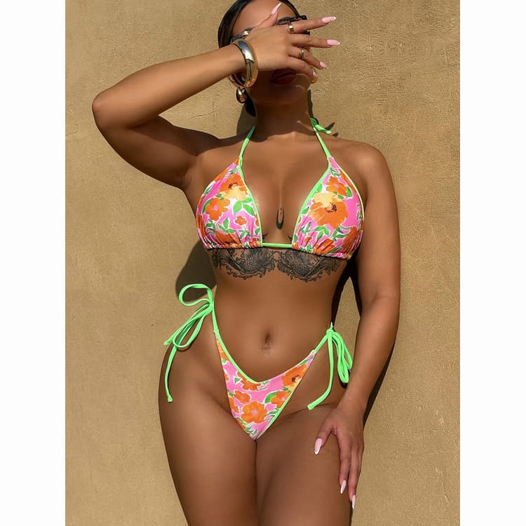 Triangle Floral Print Swimsuit Sexy String Brazilian Thong Bikini Set Halter Beachwear Swimwear
