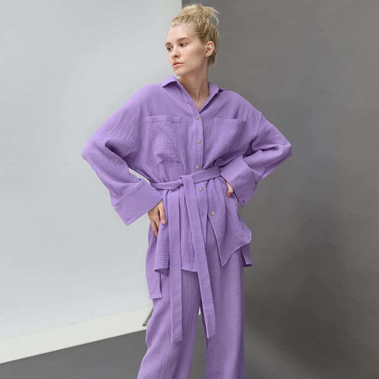 2023 Autumn Pajamas Women's Lace up Shirts Pajamas Two Piece Set Solid Color Loose Fitting Home Furnishings