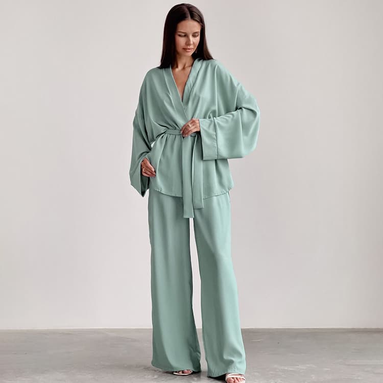 Autumn Fashion Chiffon Long Sleeve Nightgown Loose Pants Two Piece Set Solid Color Women's Homewear Outwear