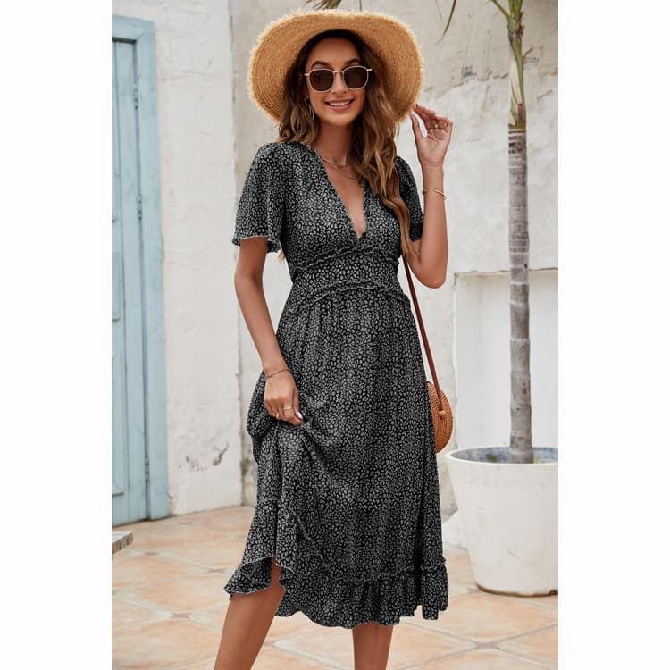 Custom logo Women's Sexy V Neck Dress Pleated Wooden Ear Edge Stitching Dress With Flower Print