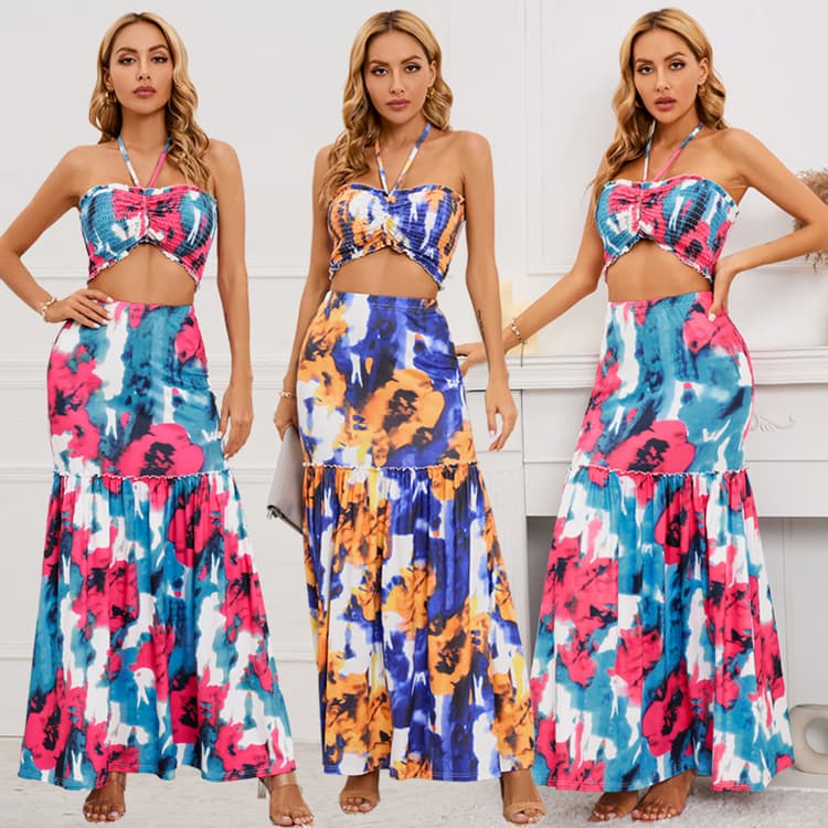 Sexy Bohemian Print Dress Cable-necked Blouse and Hip Skirt Mermaid Two-piece Dress