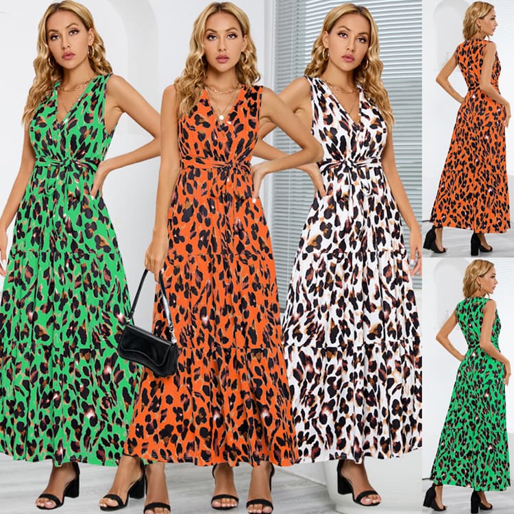 V-neck Leopard Print Slim Strappy Dress Cocktail Party Fashion Dress Large Women Dress