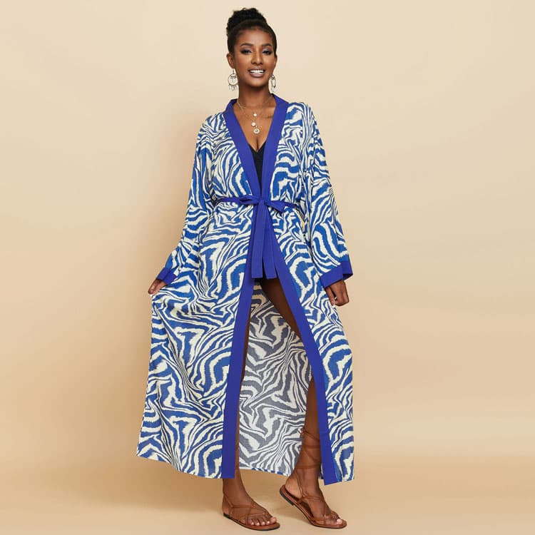 Wholesaler Loose Rayon zebra Stripes Women Cardigan Vacation Bikini Sun Shirt Beach Sexy Cover Ups