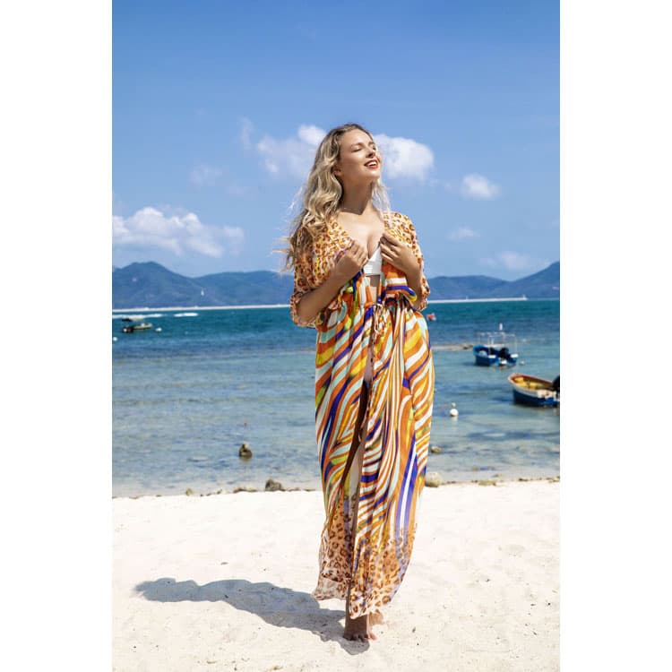 Wholesaler Loose Printed Flower Cardigan Bikini Sun Long Shirt Beach Sexy Cover Ups for Women
