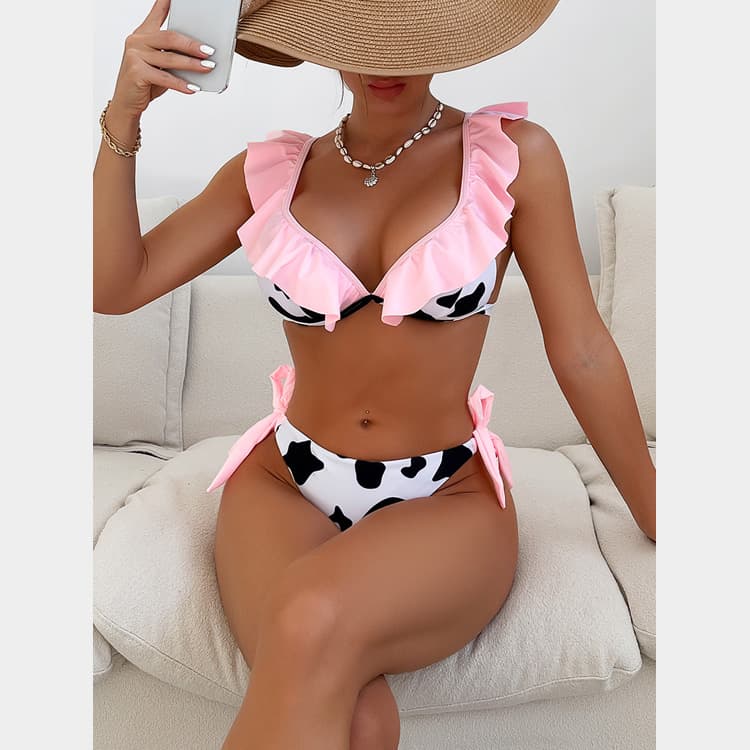 2023 New Bikini Hard Cup Tie Sexy Bikini Swimsuit Woman Cow Print Bikini