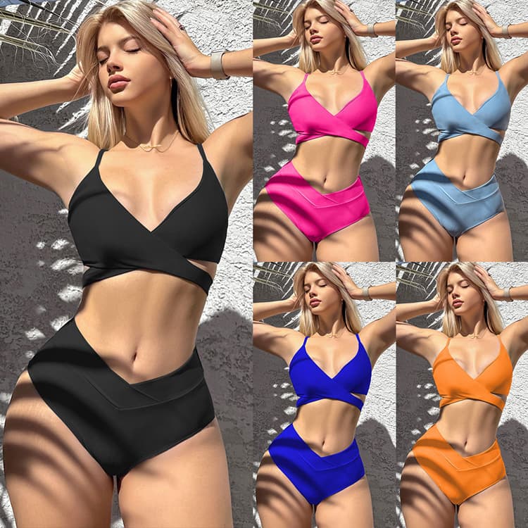 2023 New Bikini Cross Border Express Pure Color Ribbon Sexy Bikini Split Swimsuit Women Bikini
