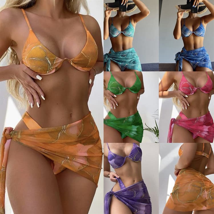 2023 New Multi Color Digital Printing Mesh Three Pieces Bikini Set Split Women Swimsuit
