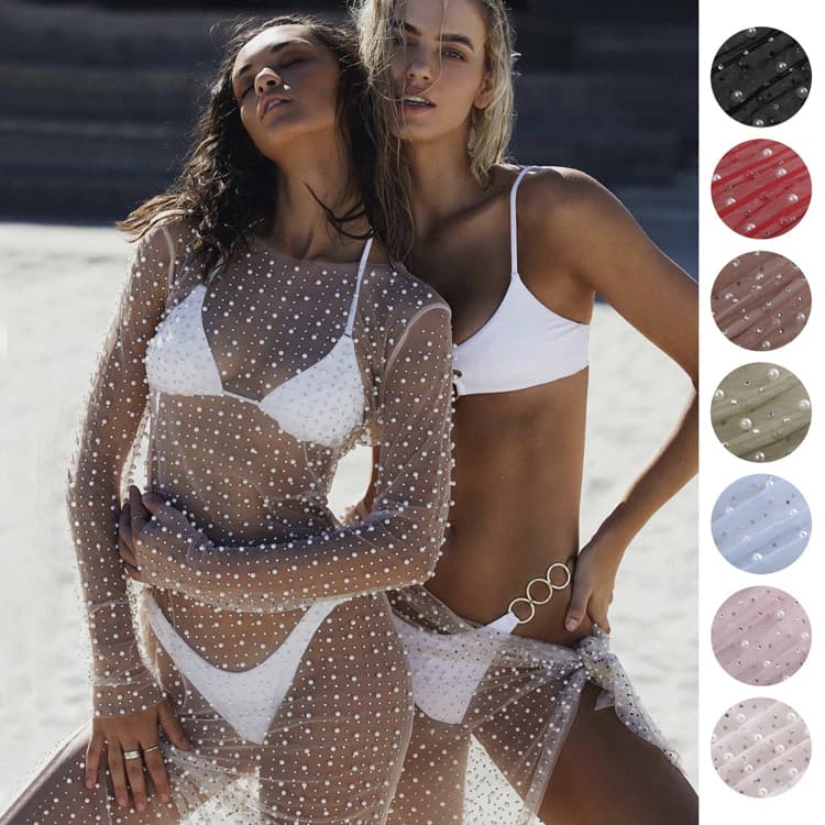 Summer New Bikini Beach Blouse Fashion Sexy Nail Beads Ironing Drill Blouse Mesh Long Sleeved Dress