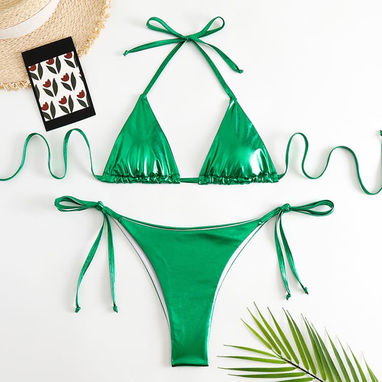 Solid Color Metallic Bikini Sexy Thong Two Piece Swimwear Sexy Micro Bikinis