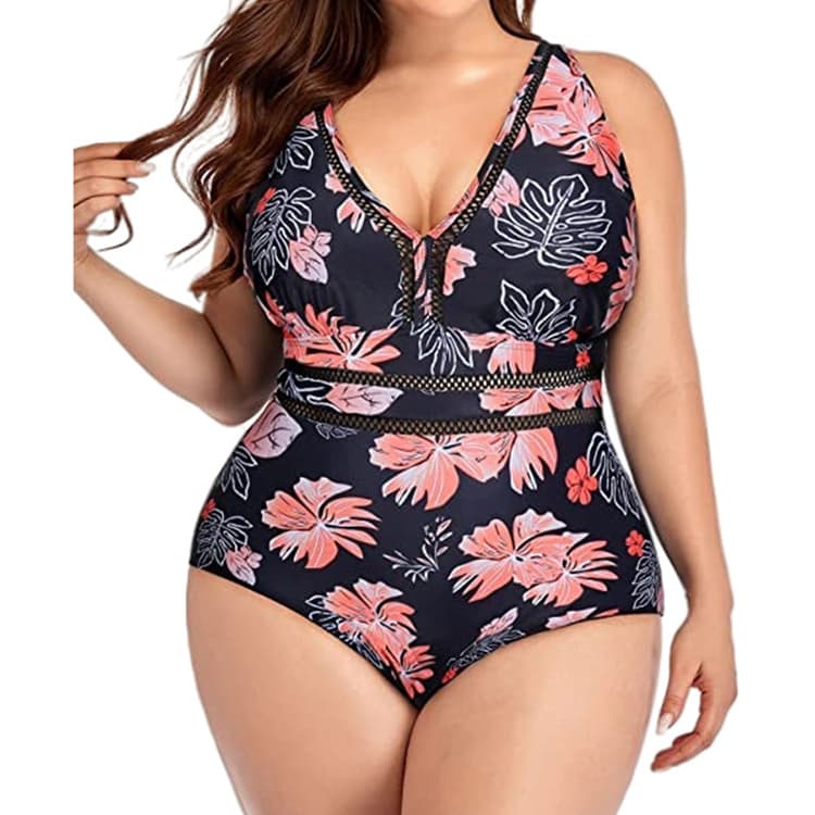 New Women's Oversize One Piece Swimsuit Mesh Fabric Patchwork Printing Swimsuit Bikini