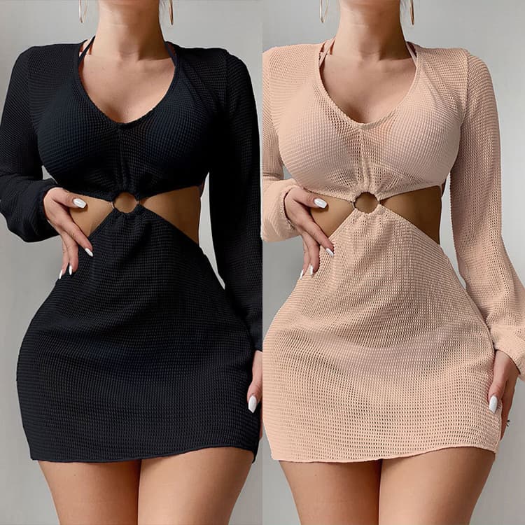 2023 New Sexy Waist Hollow Ring V Neck Long Sleeve Slim Short One Piece Swimsuit