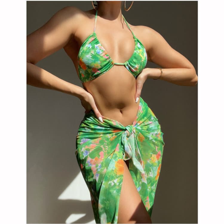 2023 New Three Piece Set Printed Green Swimwear Sexy Lace up Open Back Small Chest Gathered Split Bikini