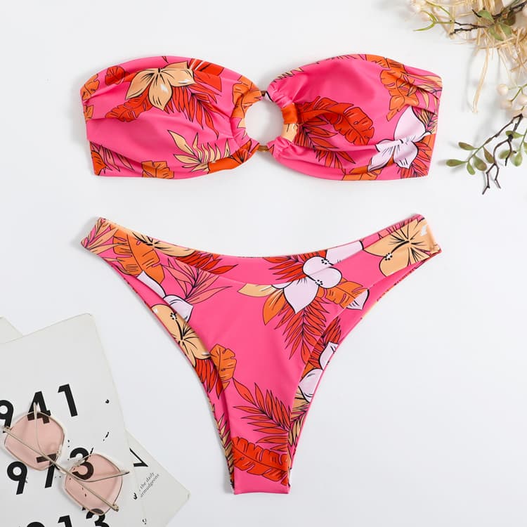 2023 Custom Label Reversible Floral Print Bikini High Waist Bandeau Bikini Swimwear