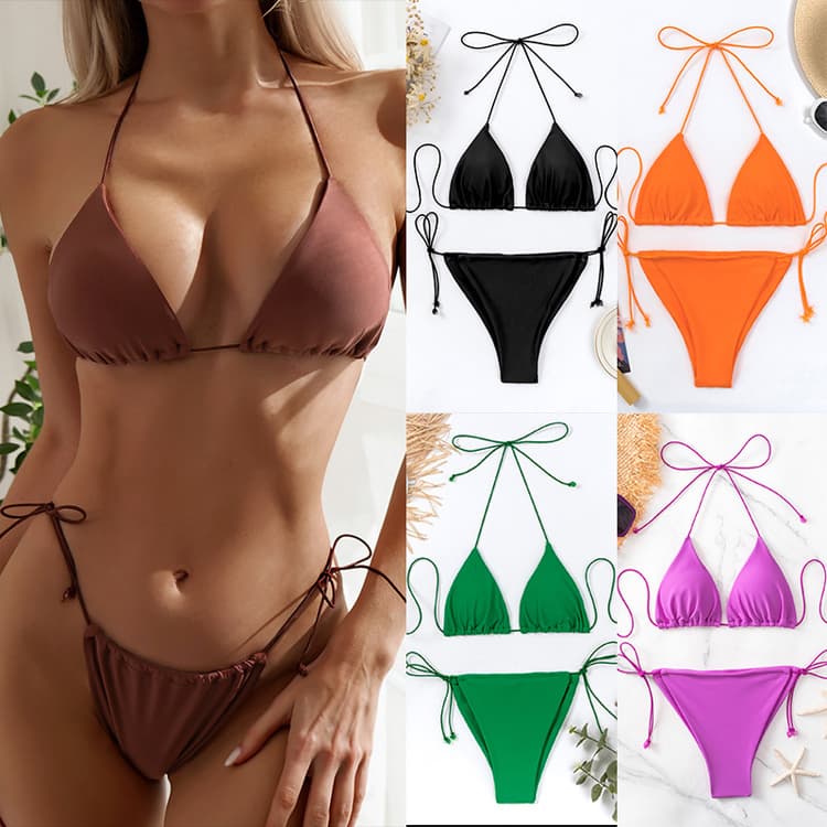 Three Point Women Solid Color Simple String Straps Bikini Swimsuit Without Steel Tow