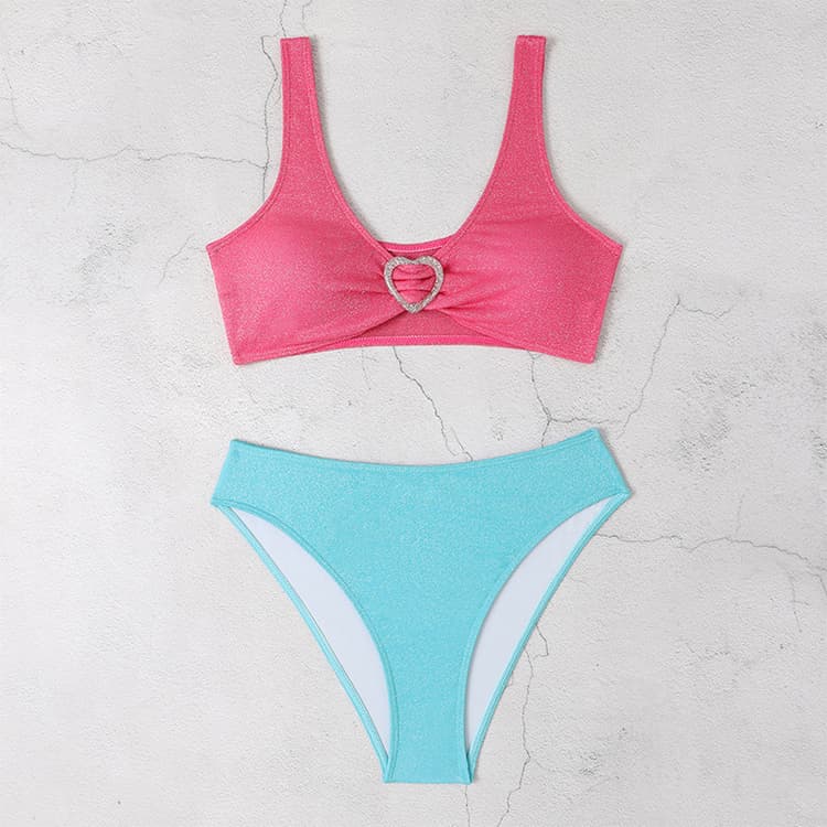 New Sexy Plain Shiny Swimwear Solid Color Contrast Love Glitter Bikini for Summer Women