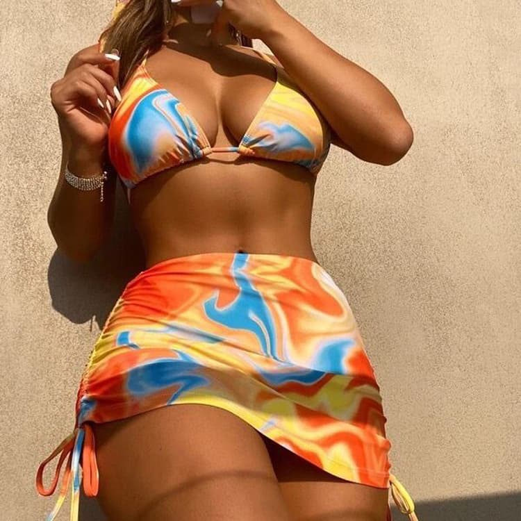 High Quality Split Four Pieces Sexy Bikini Skirt Style Hooded Tie Dye Ins Swimwear Beachwear With Hat