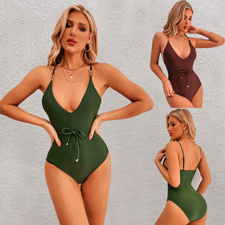 Spot Solid Color V Neck Suspender Sexy One Piece Women Swimsuit for Women Vacation