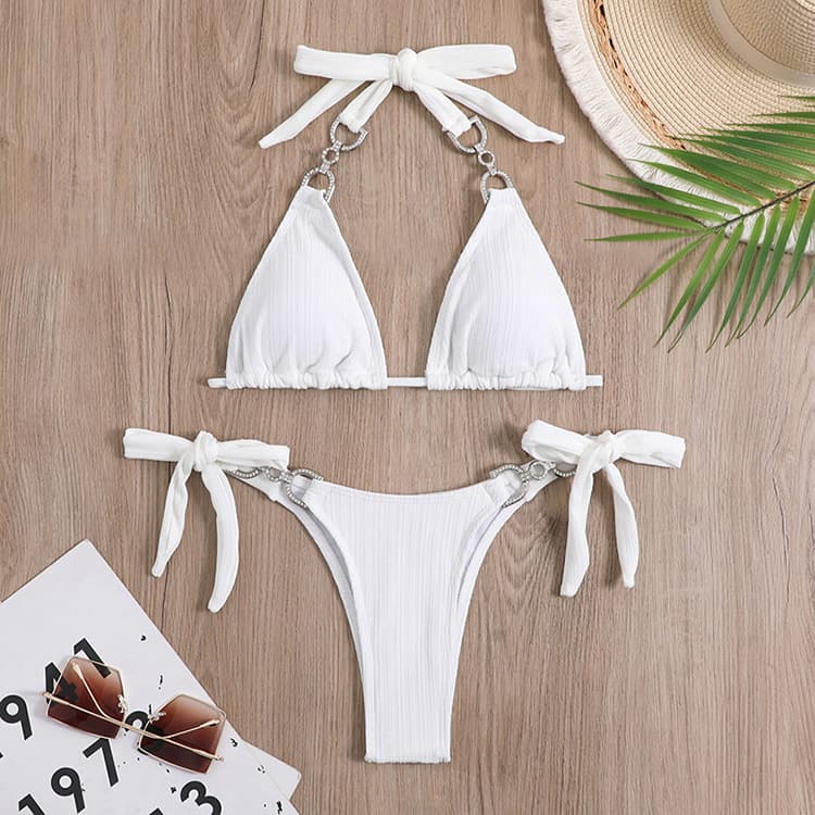 2024 New Sexy Lace up Solid Color Double Crinkle Fabric Diamond Bikini Swimwear