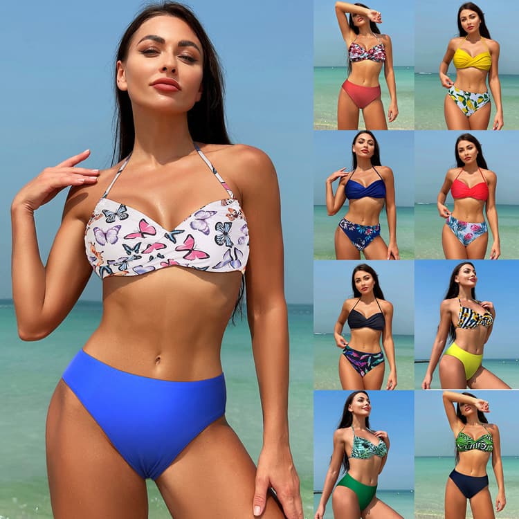 Wholesale New Women Contrasting Color Sexy Ins Floral Print High Waist Bikini Swimwear