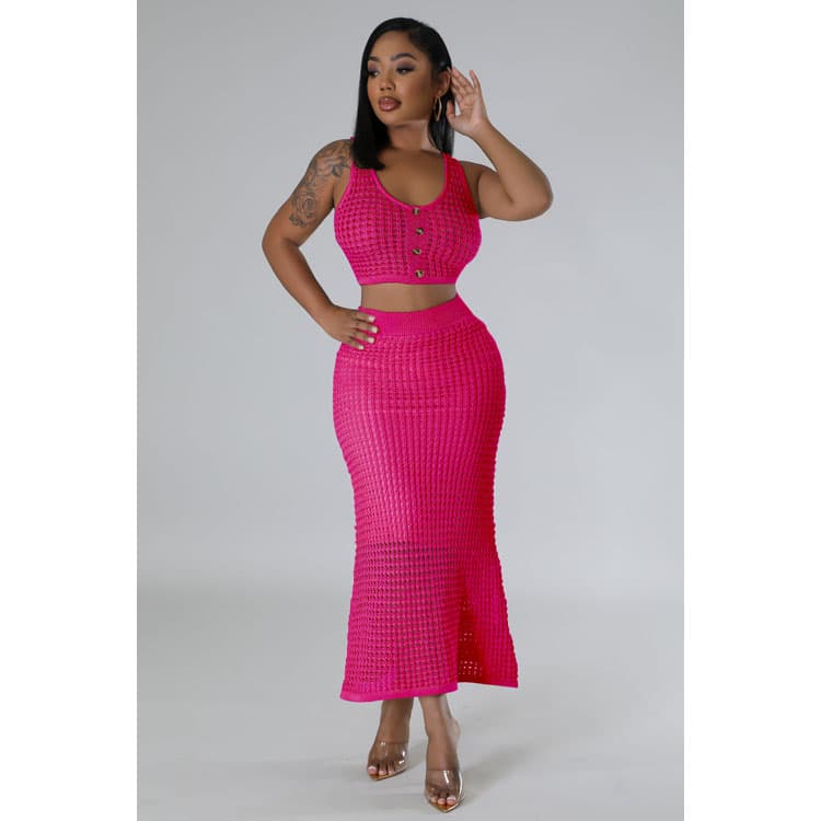 Hot Selling 2024 New Sexy Short Top Tassel Fishing Net Long Skirt Women Knitted Two Piece Set