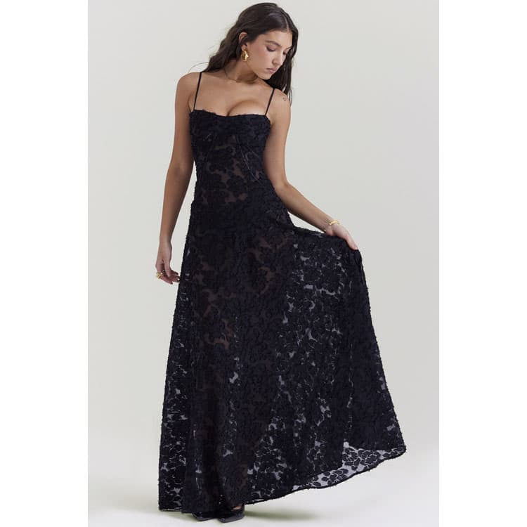 Casual 2024 New French Tie Niche Sleeveless Lace Halter Maxi Dress Women Sexy Holiday Long Dress