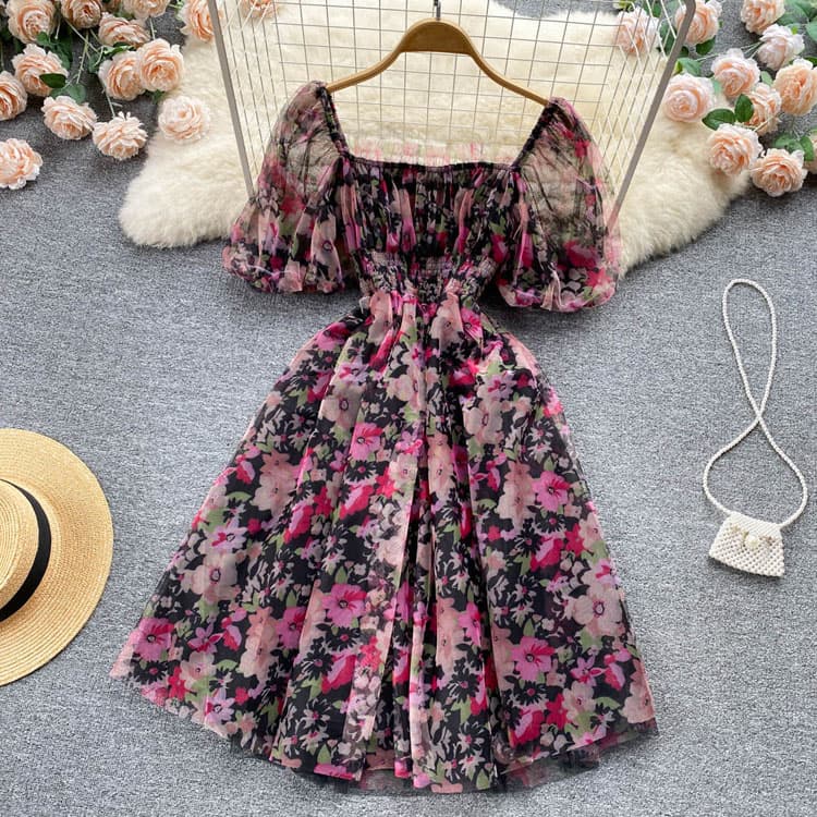 2024 New Elegant Mesh Chiffon High Waist Printed Floral Puffy Skirt Sexy Evening Dress for Women