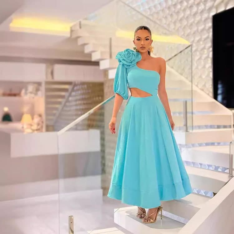 2024 New Elegant Floral Slant Shoulder Single Sleeve Waistless Large Hem Women Evening Long Dress