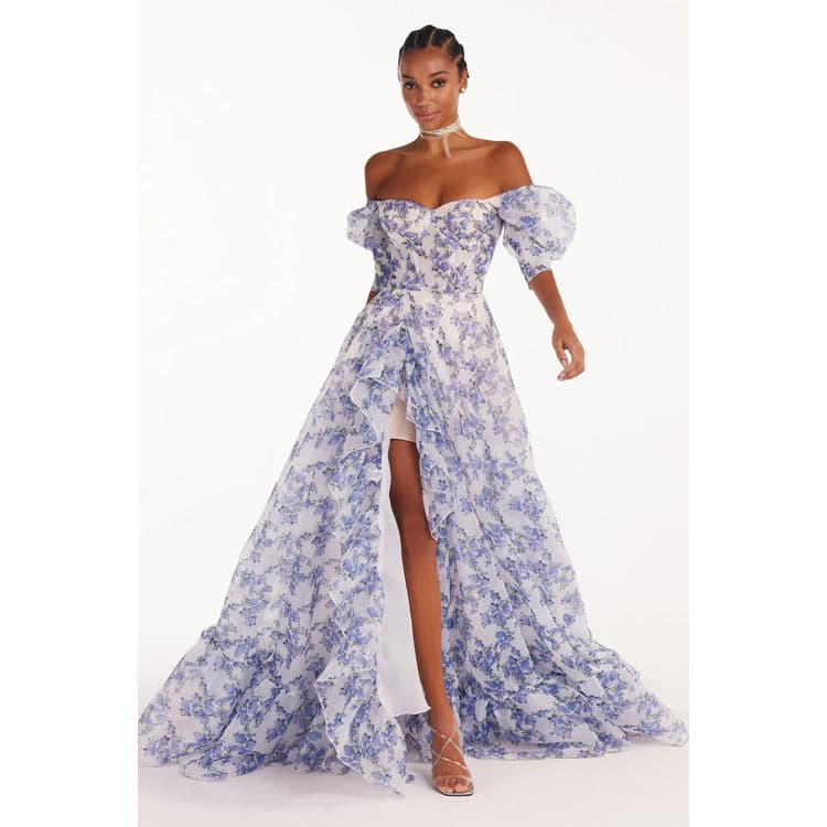 Summer 2024 New High Quality Split Floral Print Ruched Puff Sleeve Organza Women Evening Dress