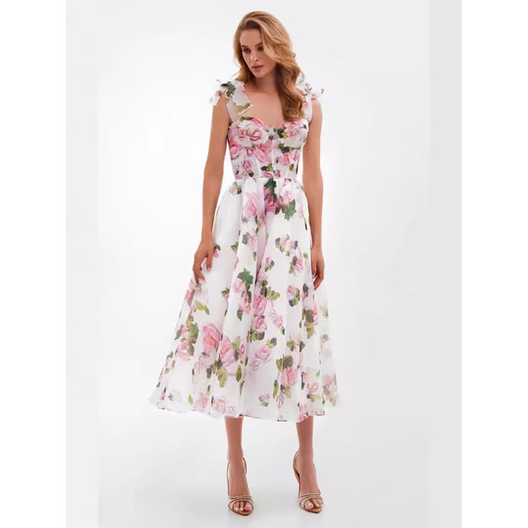 Summer 2024 New Fashion High Quality Strapless Midi Skirt Floral Print Women Evening Long Dress