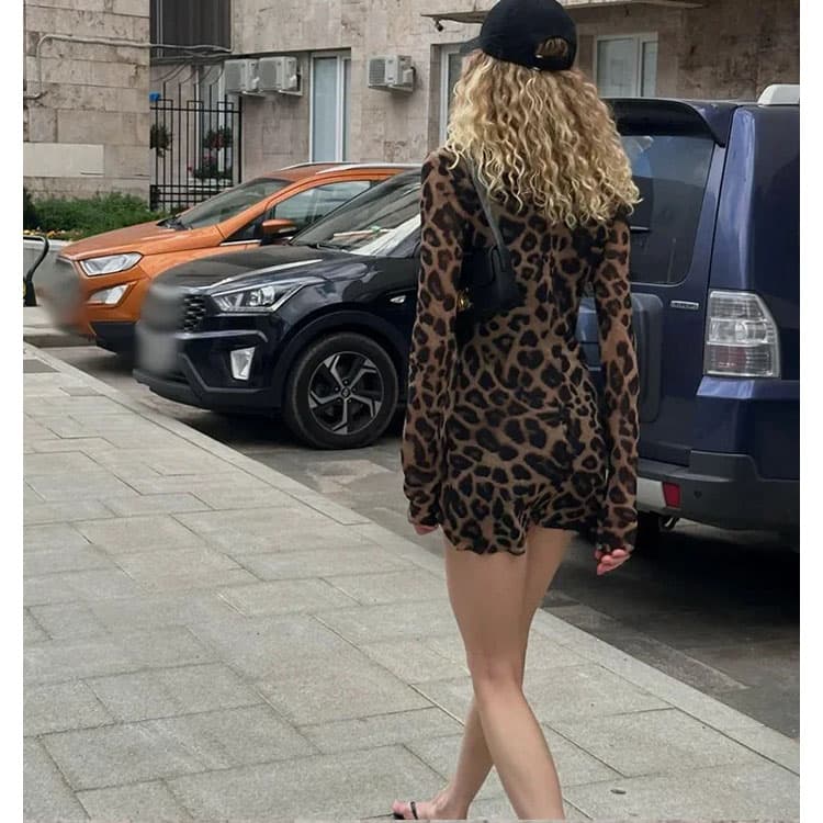 2024 New Europe and the United States Leopard Print Long Sleeve Skinny Dress Women Mini Skirt